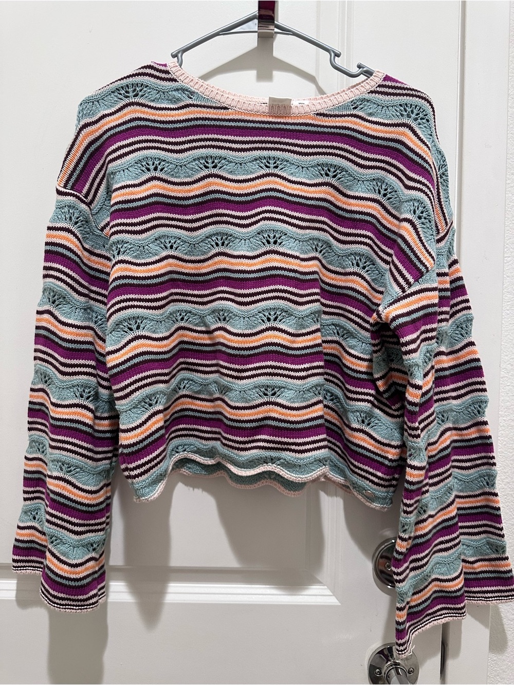 Roxy Striped Crochet Pullover in Teal, Purple & Peach